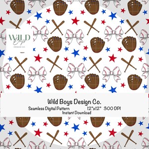 May include: Seamless digital pattern featuring baseball-themed elements. The design includes baseballs, bows, gloves, and bats, interspersed with red stars and blue stars on a white background. The pattern is 12"x12" and 300 DPI.