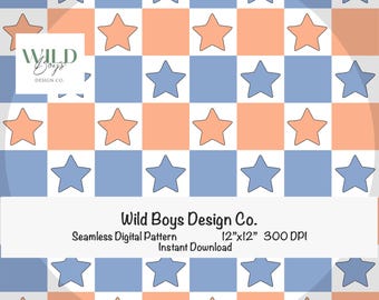 Checkered Stars Seamless Pattern |  Checkerboard Star Digital Paper | Seamless PNG