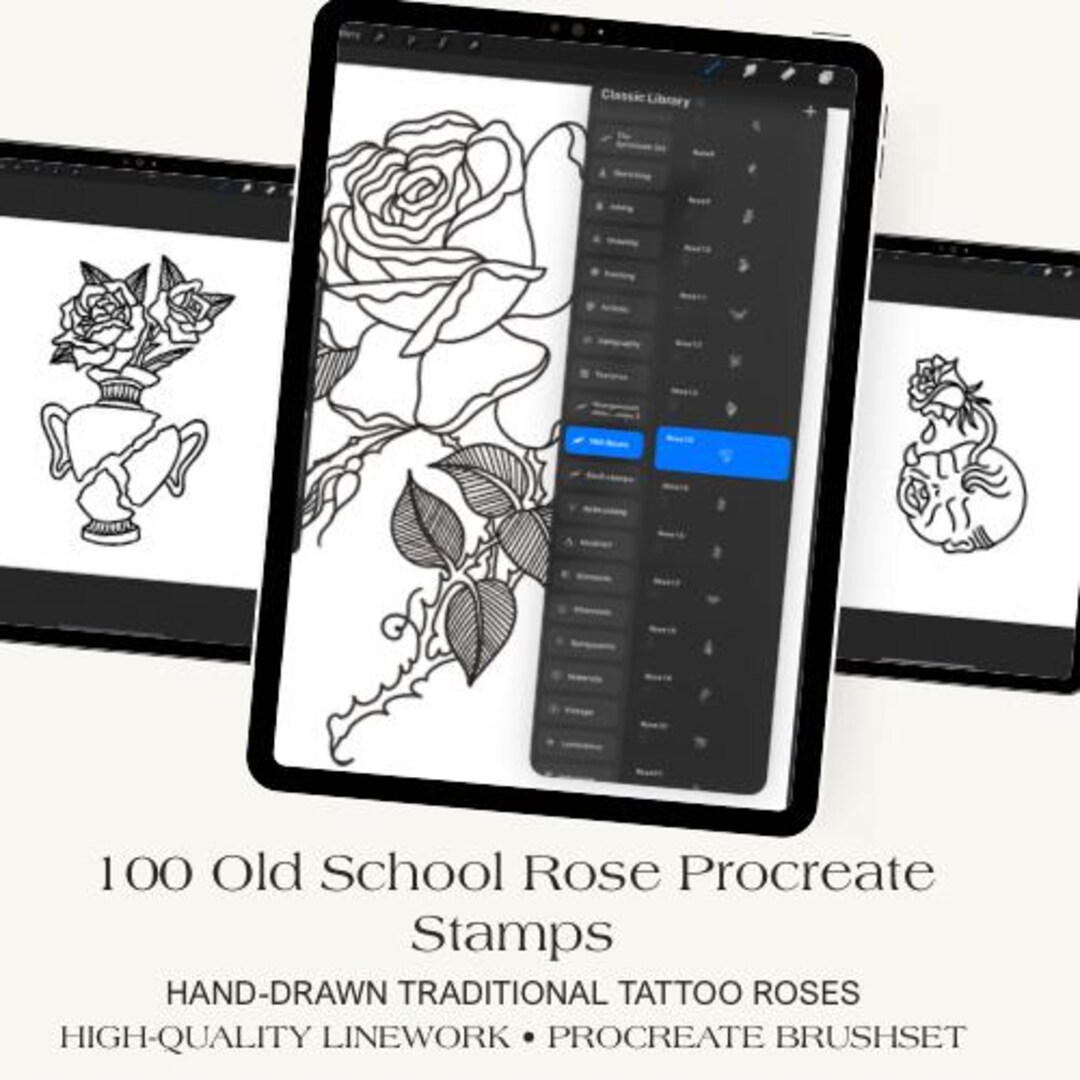 100 Old School Rose Procreate Brushes | Traditional Tattoo Line Stamps ...