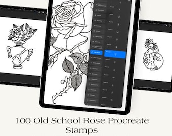 100 Old School Rose Procreate Brushes | Traditional Tattoo line Stamps | Vintage Rose Stencil Brushset