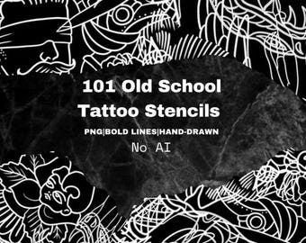 101 Old School Tattoo Stencils PNGs- Traditional Flash Linework- Tattoo Artist Drawn