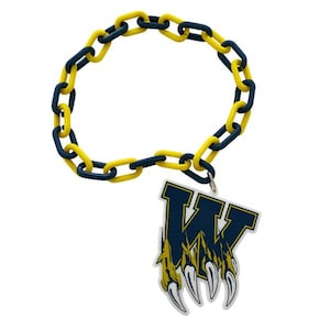 May include: A necklace featuring a chain of alternating yellow and navy blue links. A pendant with a navy blue "W" and yellow claw design hangs from the chain. The pendant has a white border.