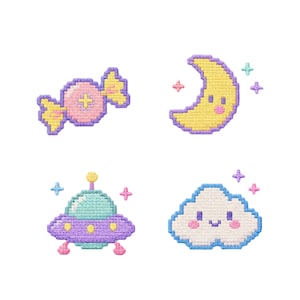 May include: A collection of four cross-stitch designs: a wrapped candy, a crescent moon with a face, a UFO, and a smiling cloud. Each design features pastel colors and star accents, perfect for crafting projects.