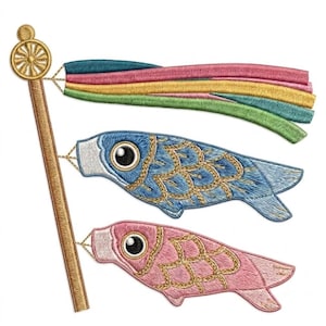 May include: An embroidered patch featuring a gold pole topped with a circular ornament, attached to a blue fish, a pink fish, and a set of five horizontal streamers in teal, pink, yellow, and green, all rendered with detailed gold stitching.