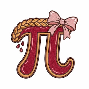 May include: An embroidered patch shaped like the Greek letter pi, featuring a deep red filling with a golden brown crust border. The top left is adorned with a braided crust detail, and a light pink bow is attached to the top right corner.