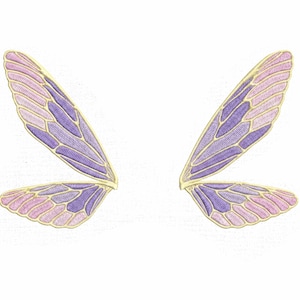 May include: A pair of embroidered fairy wings featuring a detailed vein pattern in shades of purple and light pink, outlined with a thin gold thread border. The wings are symmetrical, with two larger upper wings and two smaller lower wings.