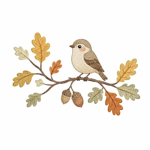 Bird on Autumn Branch Embroidery Design, Woodland Fall Bird Machine Embroidery File, Oak Leaves Acorns PES DST EXP