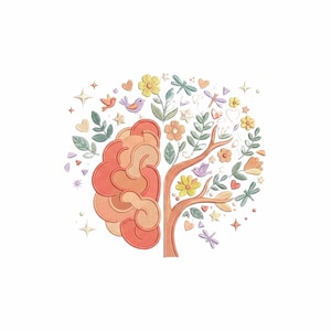 Puede incluir: Una ilustración gráfica que presenta un cerebro en el lado izquierdo y un árbol en el lado derecho. El cerebro está compuesto por segmentos de color coral y melocotón. El árbol tiene un tronco marrón con ramas adornadas con flores, hojas, pájaros, libélulas, corazones y estrellas de colores en tonos pastel de amarillo, verde, azul y rosa.