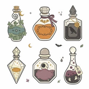Può includere: Una collezione di sei flaconi di pozione in vetro illustrati con forme e contenuti vari, tra cui edera, un pipistrello, un corvo, un bulbo oculare fluttuante e figure di fantasmi, accentuati da piccoli simboli celesti come stelle e lune.