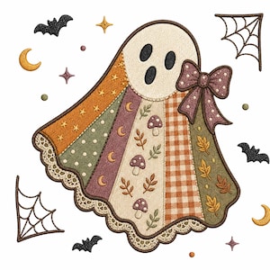 パッチワークゴースト刺繍デザイン、ヴィンテージハロウィンリボンゴーストミシン刺繍ファイル