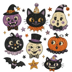 Puede incluir: Una colección de parches bordados con personajes de Halloween que incluyen una calabaza morada, un gato negro, un fantasma, una calabaza negra, una cara de luna, una calabaza naranja, un murciélago y una estrella.
