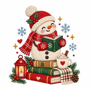 Christmas Reading Snowman Embroidery Design, Snowman with Book Stack, Cozy Holiday Machine Embroidery File