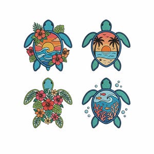 May include: Four embroidered patches featuring sea turtles. The top left shows a sunset with hibiscus flowers. The top right depicts a beach with palm trees. The bottom left displays tropical foliage and flowers. The bottom right shows coral and fish.