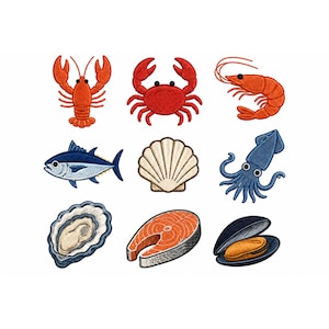 Lot de fichiers de broderie Machine de fruits de mer, crabe homard poisson huître coquille dessins nautiques