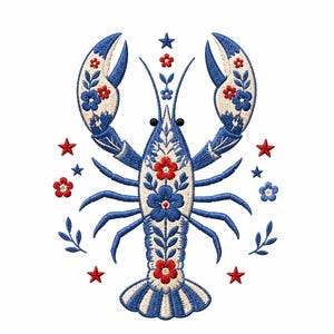 May include: An embroidery design of a lobster featuring a blue and white colour palette with red and blue floral accents. The lobster is surrounded by small red and blue stars and leaf sprigs, creating a symmetrical pattern on a white background.