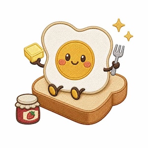 Cute Fried Egg Toast Embroidery Design, Kawaii Breakfast Machine Embroidery File, Toast Butter Jam Food