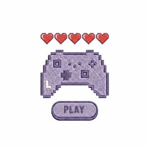 May include: An embroidered patch featuring a purple pixelated video game controller with a white letter L on the left side. Above the controller are five red pixelated hearts. Below the controller is a purple oval button with the word PLAY.