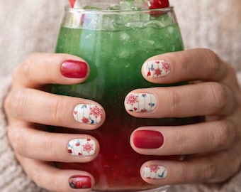 Jean White Nail Wraps – Red Snowflake Pattern Stickers (16 Wraps)