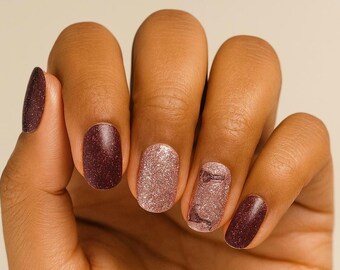 Glitter Nail Wraps – Rose Berry Sparkle, Bow Design (16 Wraps)