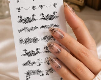 Black Floral Nail Wraps – Rose Butterfly Design, Salon Quality (20 Strips)