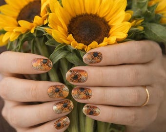 Sunflower Sparkle Nail Wraps – Glitter Floral Autumn Design (20 Wraps)