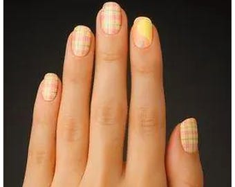 Sunset Plaid Luxe Nail Wraps – Pastel Peach Abstract Gel Strips (No UV Lamp)