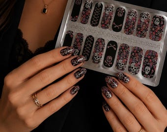Gothic Floral Skull Nail Wraps | Black Sugar Skull Nail Stickers | Jean White 16  Nail Wraps