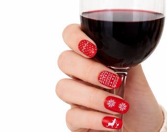 Jean White Nail Wraps – Red Pattern Nail Stickers (16) No UV Lamp