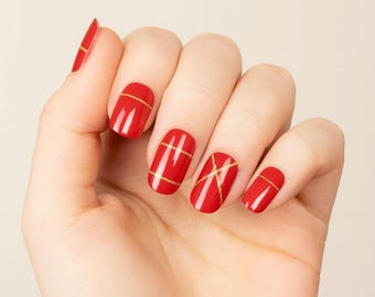 Crimson Luxe Red Gold Glamour Nail Wraps | Jean White Nail™ (20 Wraps)