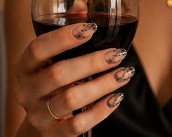 Black Floral Nail Wraps – Rose Butterfly Design, Salon Quality (20 Strips)