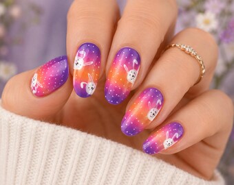 Bunny Sunset Nail Wraps – Purple Orange Gradient, White Bunnies (16 Wraps)