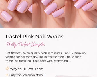 Pastel Pink  Nail Wraps | Easy Apply Salon Nails (16 Count)