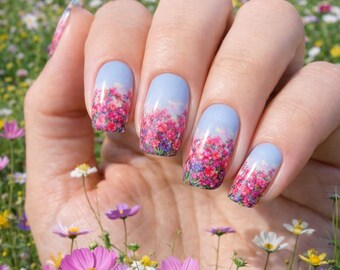 Spring Bloom Nail Wraps – Sky Blue Floral Design (No UV Lamp)
