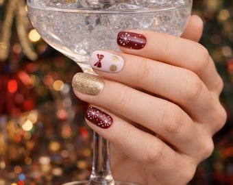 Burgundy Gold Glitter Nail Wraps – 16 Piece Set, Elegant Sparkle Nails