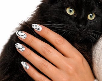 Black Line Nail Wraps – Abstract Minimalist Stickers (Jean White Nail)