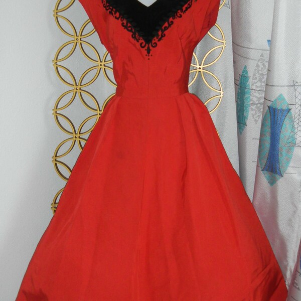 Vintage 1950s Party Dress in Red with Black Velvet Trim-Pin-Up-Twirly Girly Rockabilly
