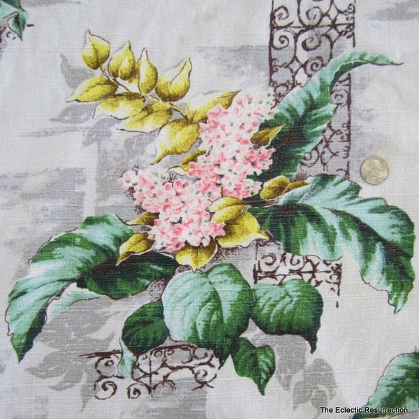 Vintage 1940s Barkcloth Fabric 56" L x 48" W 1.5 yards  Floral Textured Cotton Bark Cloth