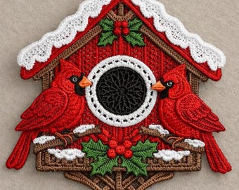 Cardinal Birdhouse Lace Ornament, Red Bird Embroidery (pes, dst, exp, hus, jef, vp3, art).