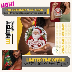 May include: A festive Christmas ornament depicting Santa Claus in a red suit, holding a "Merry Christmas" banner. The ornament has a white, lace-like edge and a red hanging ribbon. The image also includes the text "Limited Time Offer!"