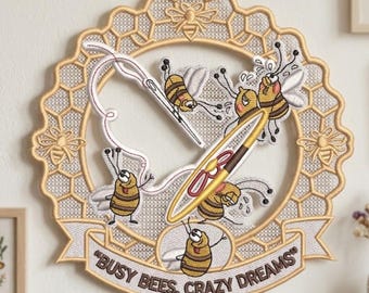Funny Bee Embroidery File, Sewing Hoop Lace Ornament FSL, Custom Digitizing Busy Bees Crazy Dreams, Crafter Gift Lace Embroidery PES