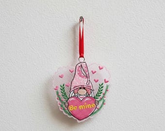 Valentine Gnome Embroidery Design - Be Mine Heart Ornament (Digital File)