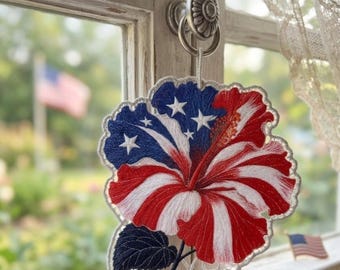 Happy Independence Day FSL, Patriotic Hibiscus Embroidery Design, 4th of July Lace Ornament, USA Flower Wall Hanging