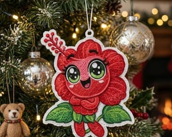 Hibiscus Flower FSL Embroidery Design, Kawaii Floral Ornament (Instant Download)