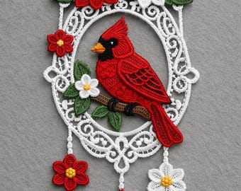 Cardinal bird machine embroidery design | Lace wall hanging embroidery file | Digital download