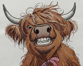 Smiling Highland Cow Embroidery Design | Funny Farm Animal Decor | Digital Download
