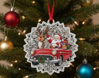 Santa's Red Truck Lace Ornament Embroidery Design – FSL ITH (Digital Download)