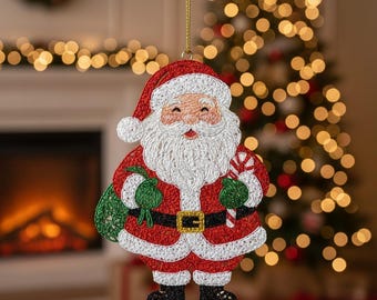 Santa Claus FSL Ornament Embroidery Design, Freestanding Lace Christmas Ornament Holiday Digital Download