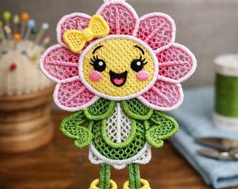 Daisy Flower Girl Embroidery Design, Kawaii Floral Ornament (Instant Download