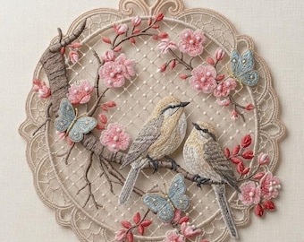 FSL Birds Embroidery Design | Spring Cherry Blossom Machine Embroidery File | Lace Bird Ornament Digital Download