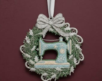 FSL Sewing Wreath Ornament Embroidery Design, Vintage Sewing Machine Christmas Decor Digital Download
